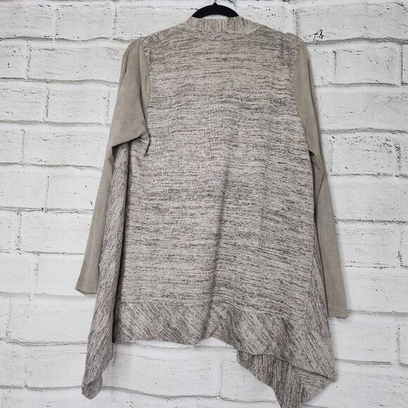 LOGO by Lori Goldstein Faux Suede Sleeve Full Zip Cardigan Tan Womens Medium - Picture 7 of 13